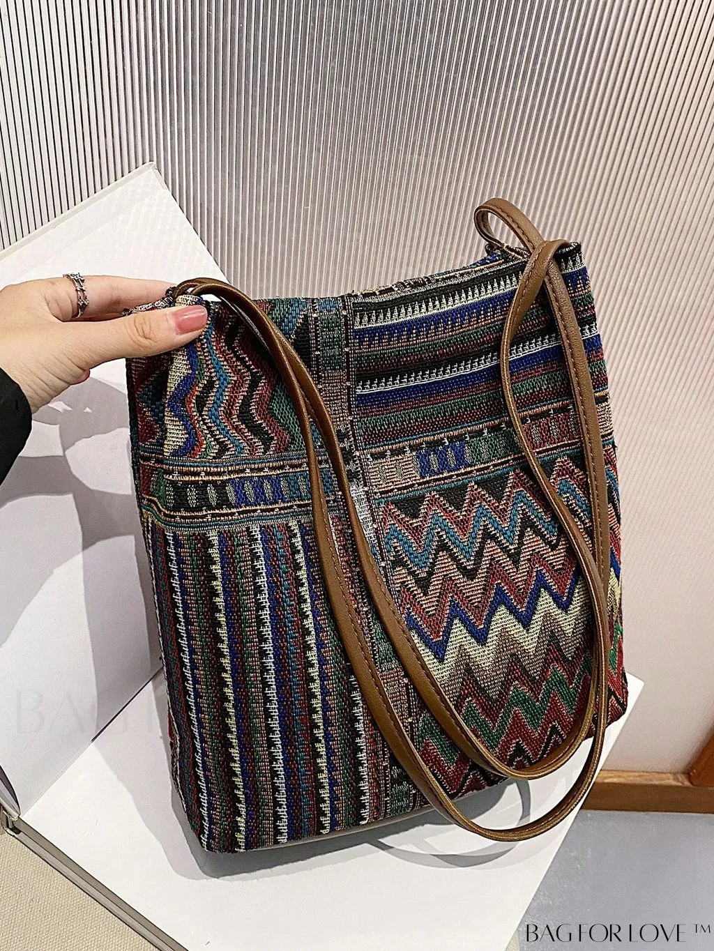 BagForLove - Colorblock Geometric Pattern Medium Bucket Bag with Double Handles