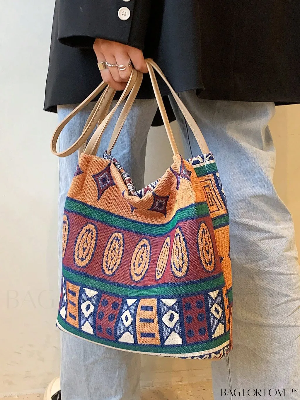 BagForLove - Colorblock Geometric Pattern Medium Bucket Bag with Double Handles