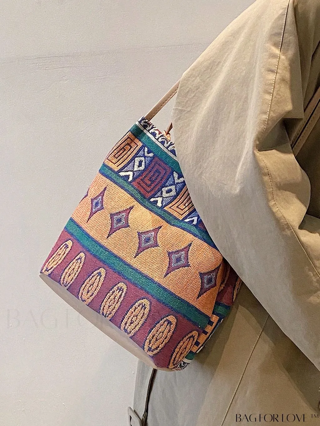 BagForLove - Colorblock Geometric Pattern Medium Bucket Bag with Double Handles