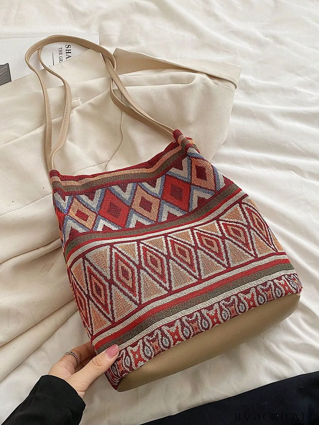 BagForLove - Colorblock Geometric Pattern Medium Bucket Bag with Double Handles