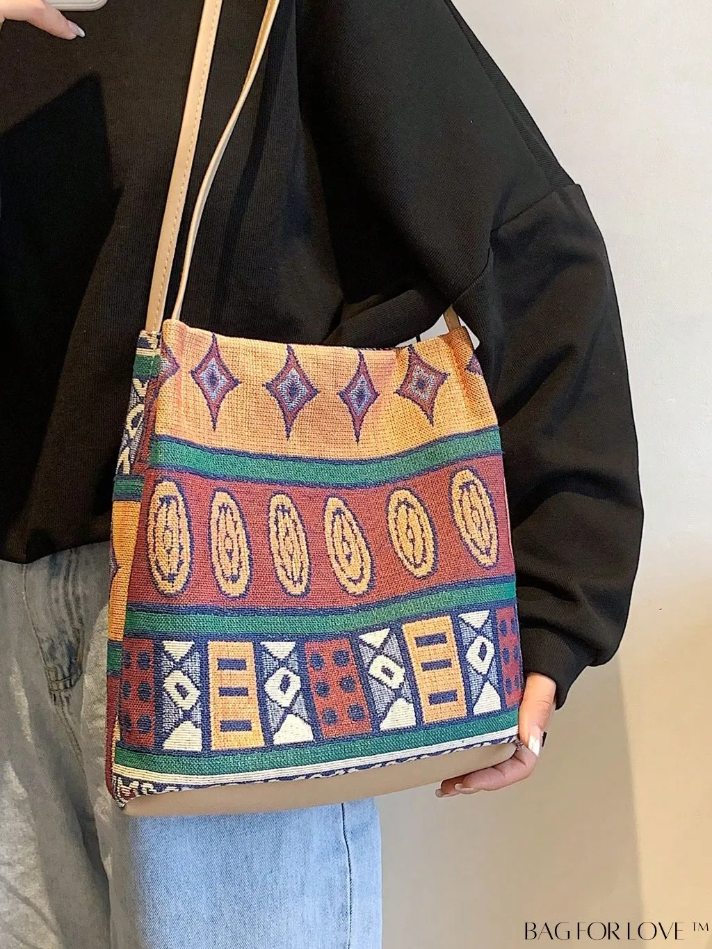 BagForLove - Colorblock Geometric Pattern Medium Bucket Bag with Double Handles