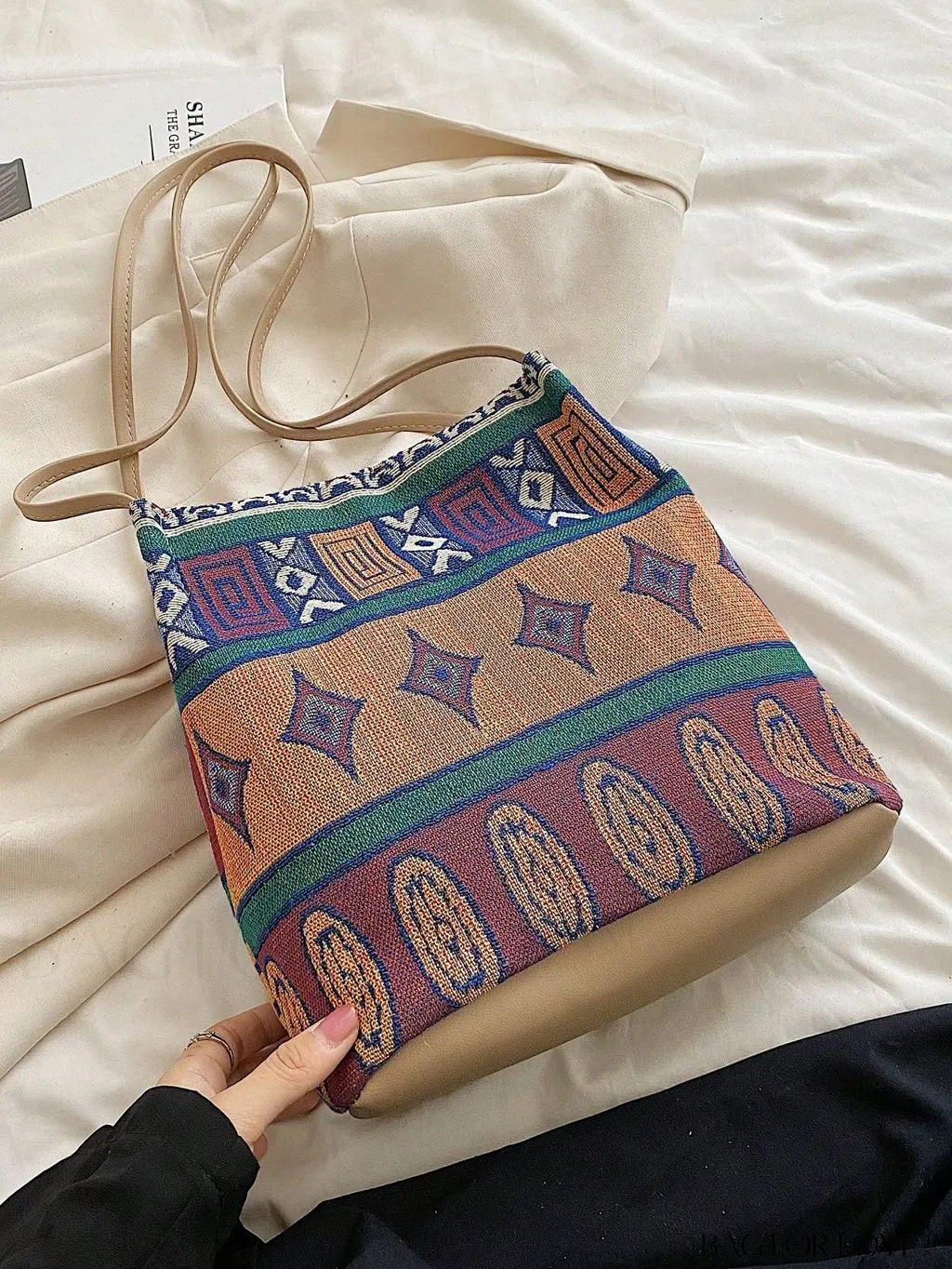 BagForLove - Colorblock Geometric Pattern Medium Bucket Bag with Double Handles