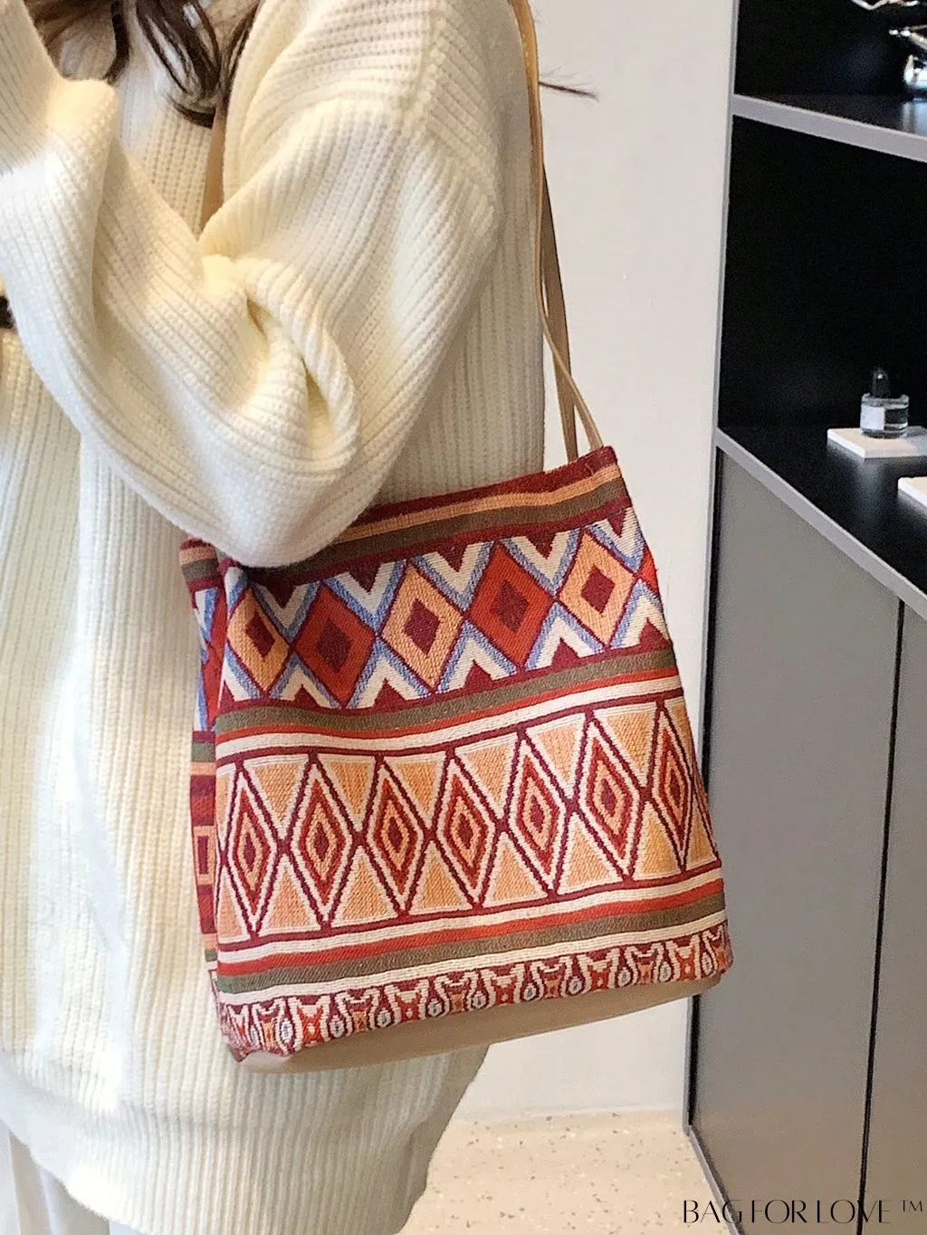 BagForLove - Colorblock Geometric Pattern Medium Bucket Bag with Double Handles