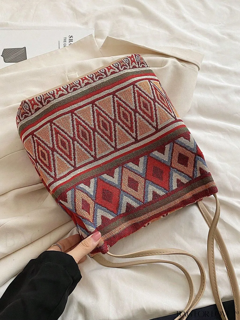 BagForLove - Colorblock Geometric Pattern Medium Bucket Bag with Double Handles