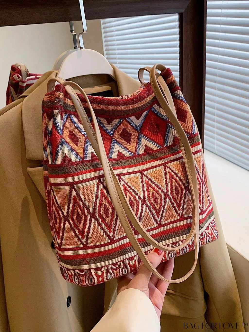 BagForLove - Colorblock Geometric Pattern Medium Bucket Bag with Double Handles