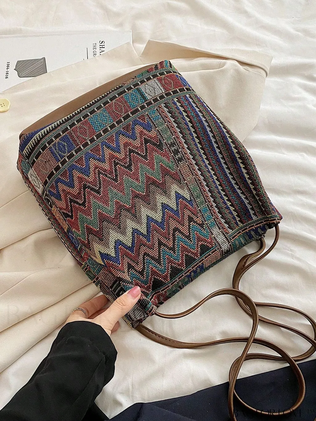 BagForLove - Colorblock Geometric Pattern Medium Bucket Bag with Double Handles