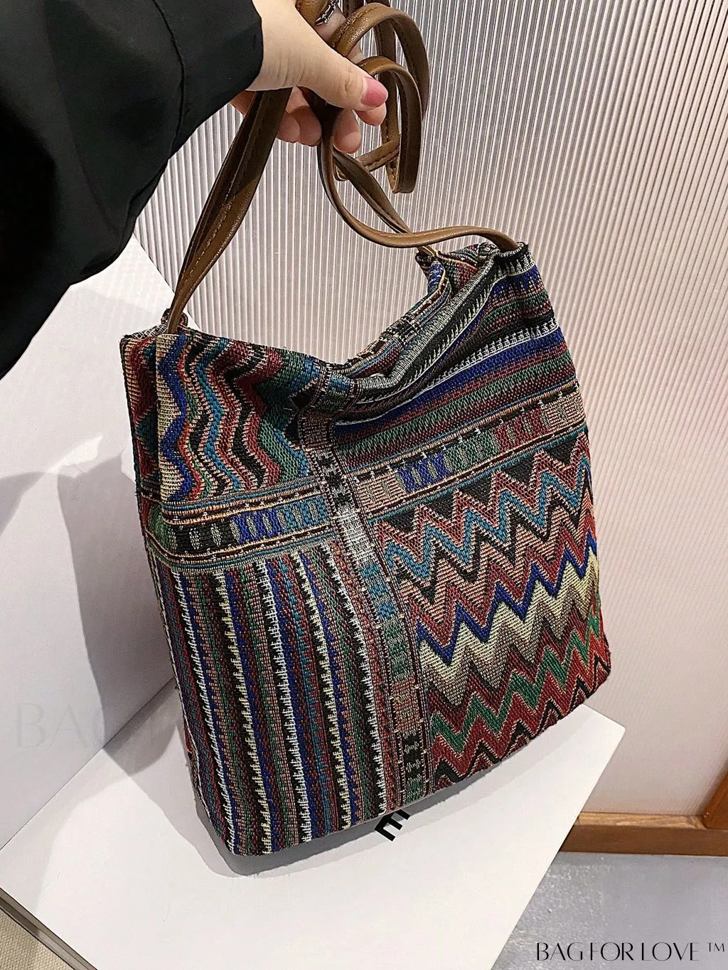 BagForLove - Colorblock Geometric Pattern Medium Bucket Bag with Double Handles