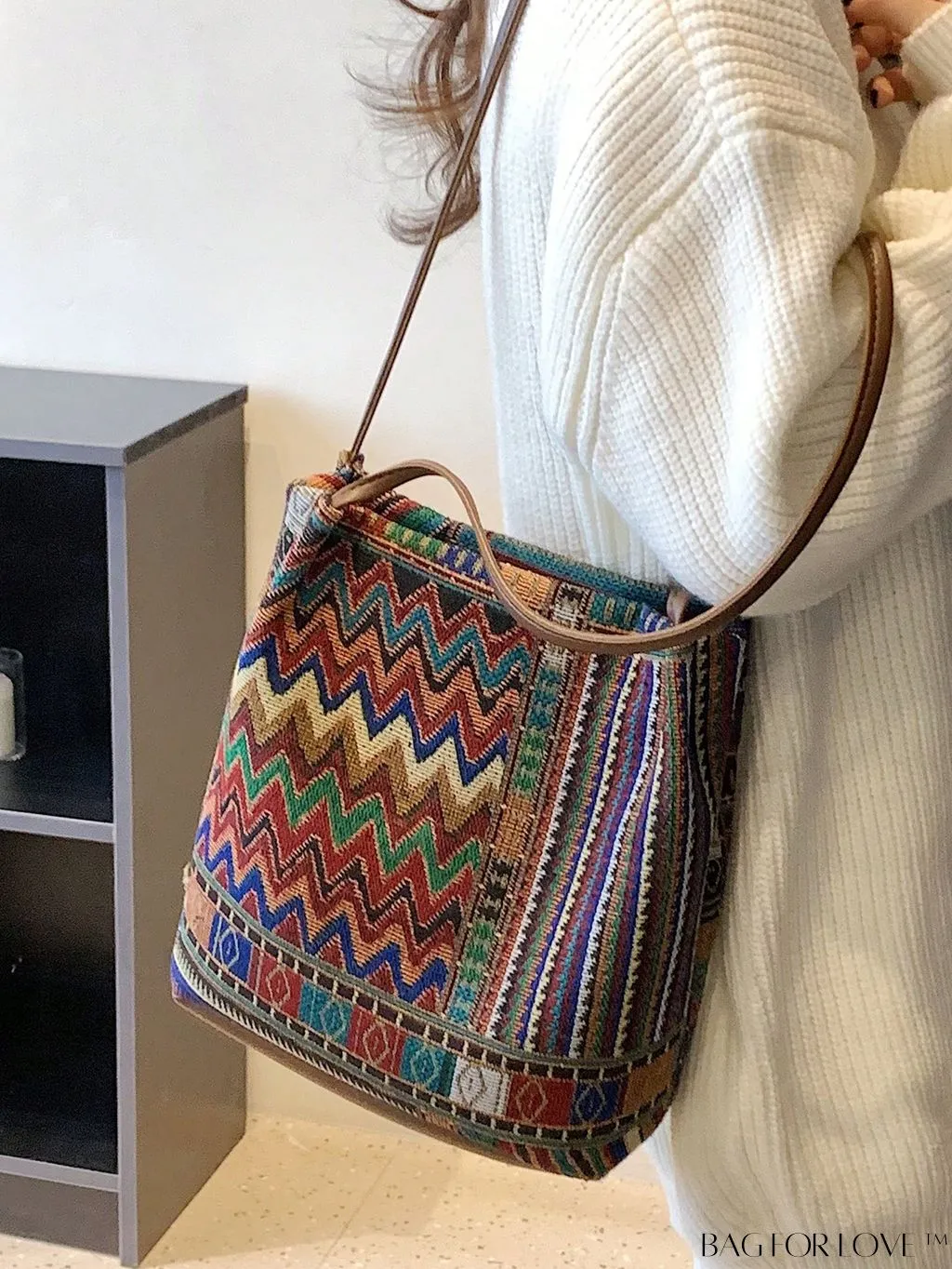 BagForLove - Colorblock Geometric Pattern Medium Bucket Bag with Double Handles