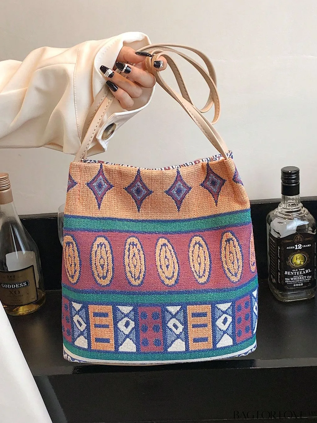 BagForLove - Colorblock Geometric Pattern Medium Bucket Bag with Double Handles