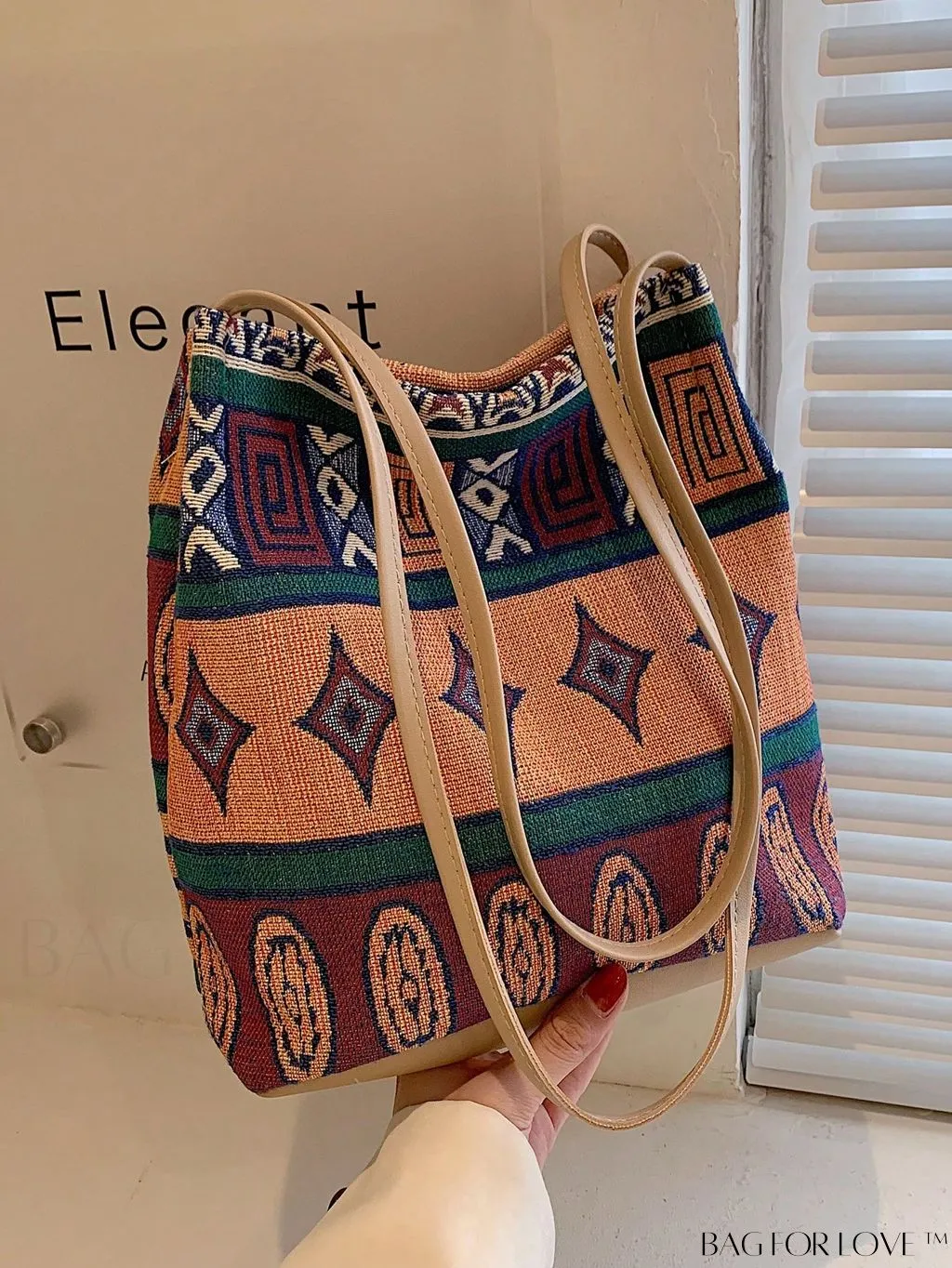 BagForLove - Colorblock Geometric Pattern Medium Bucket Bag with Double Handles