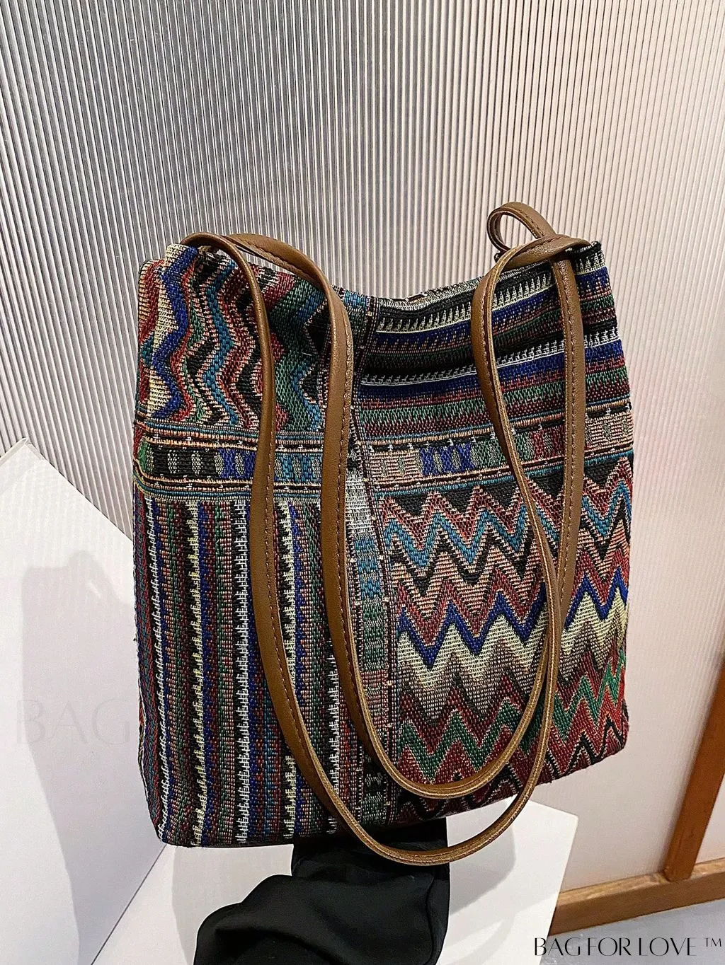 BagForLove - Colorblock Geometric Pattern Medium Bucket Bag with Double Handles