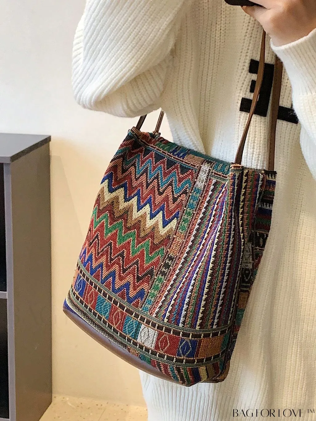 BagForLove - Colorblock Geometric Pattern Medium Bucket Bag with Double Handles