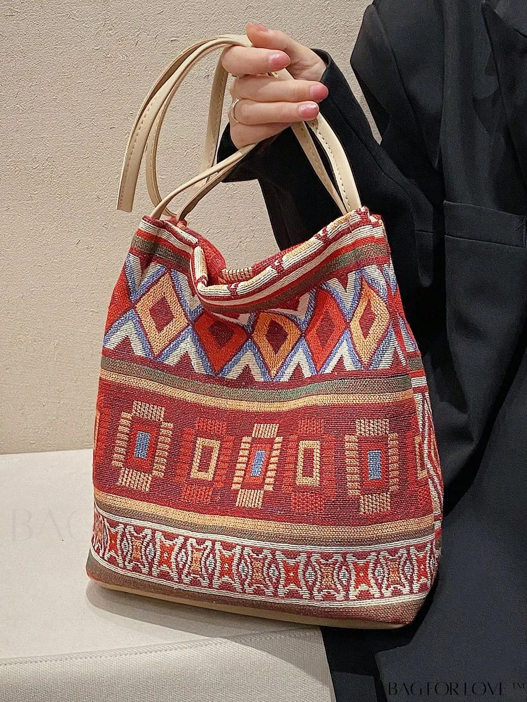 BagForLove - Colorblock Geometric Pattern Medium Bucket Bag with Double Handles
