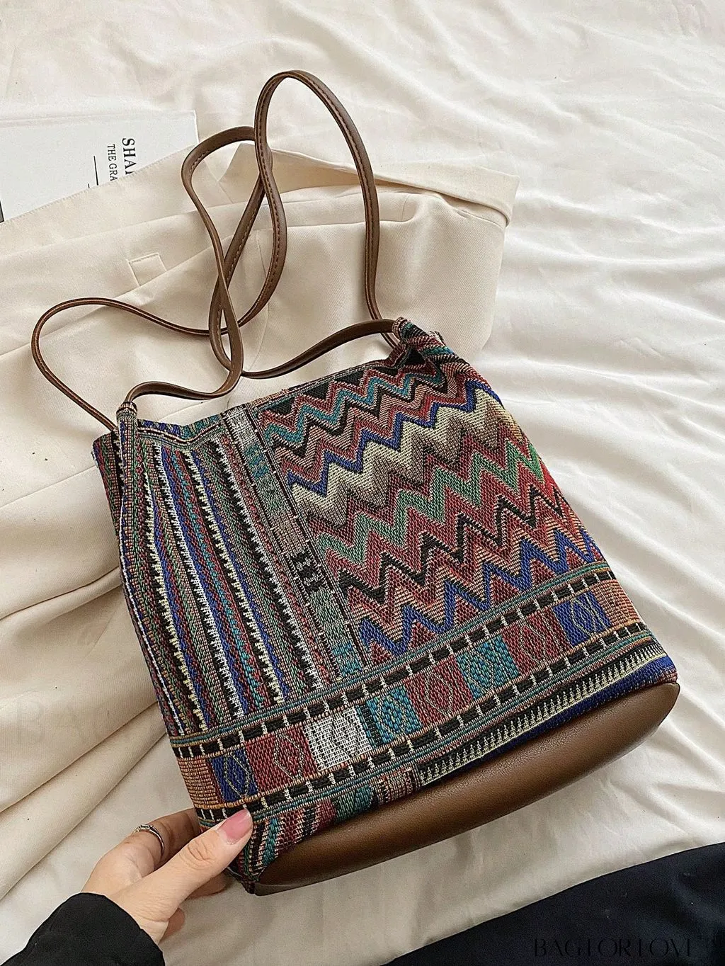 BagForLove - Colorblock Geometric Pattern Medium Bucket Bag with Double Handles