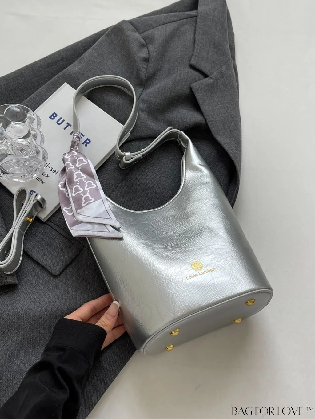 BagForLove - Letter Print Metallic Shoulder Crossbody Bag with Zipper