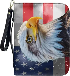 Bald Eagle Flag Bible Cover for Girls Women Leather Bible Case with Handle Waterproof Bible with Zipper Large Capacity Journal Stationery Case