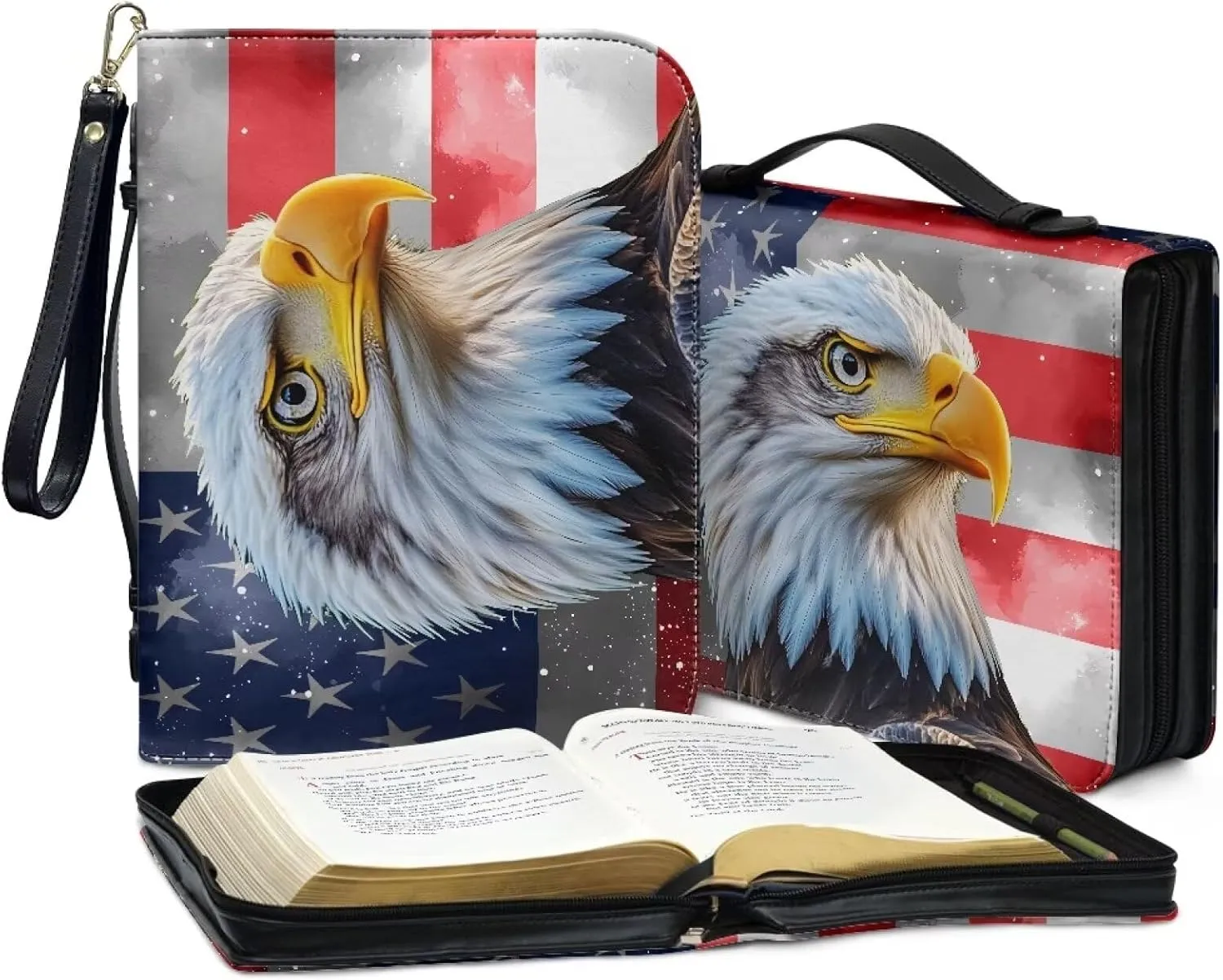 Bald Eagle Flag Bible Cover for Girls Women Leather Bible Case with Handle Waterproof Bible with Zipper Large Capacity Journal Stationery Case