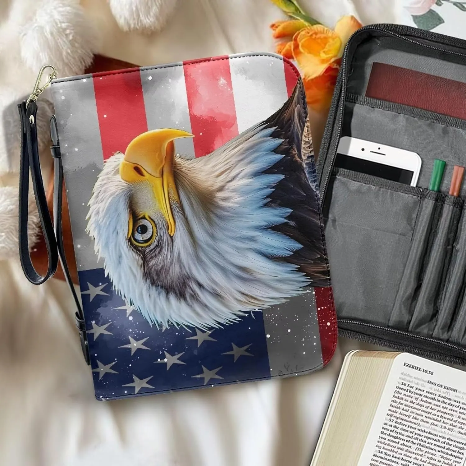 Bald Eagle Flag Bible Cover for Girls Women Leather Bible Case with Handle Waterproof Bible with Zipper Large Capacity Journal Stationery Case
