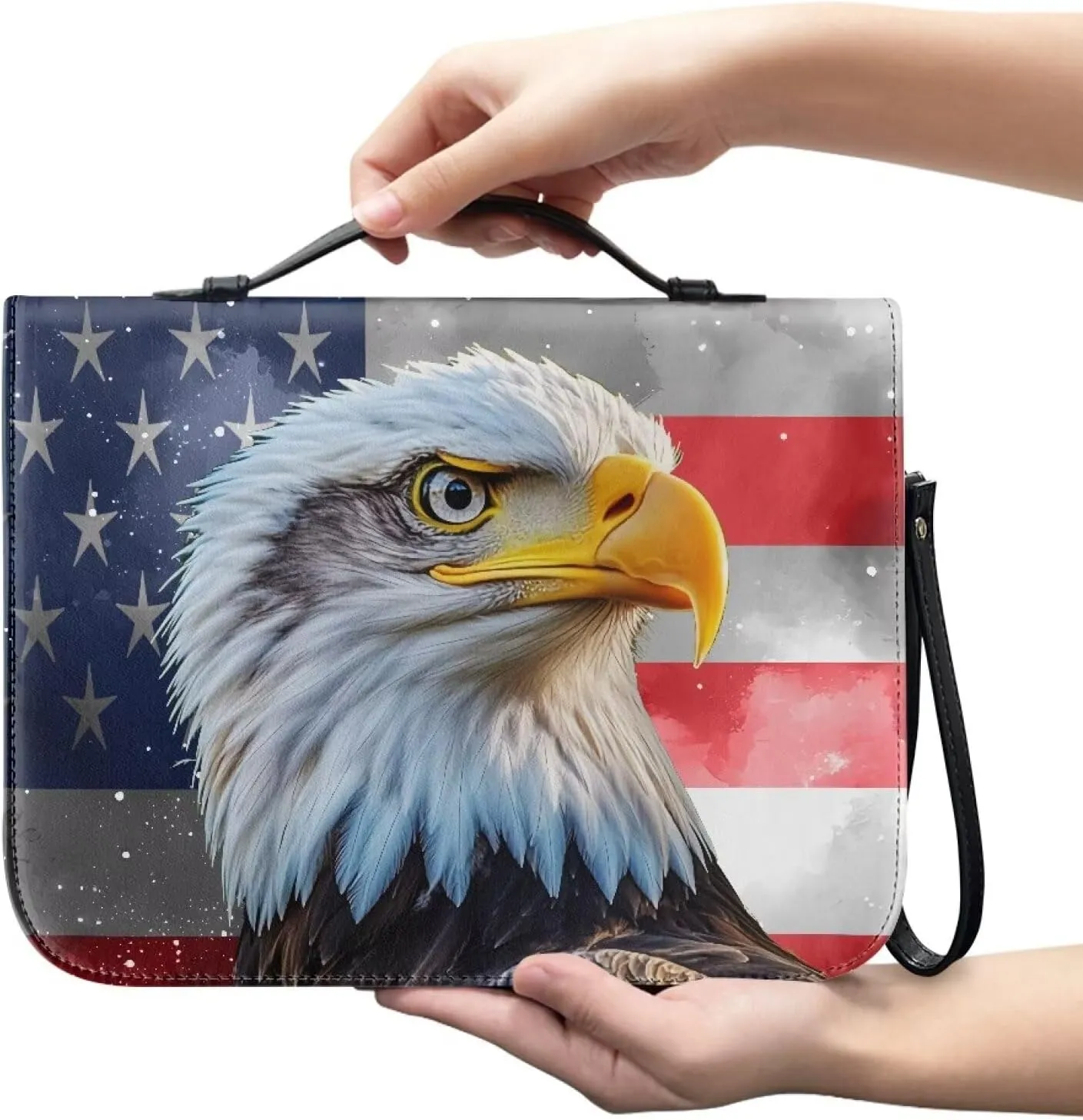 Bald Eagle Flag Bible Cover for Girls Women Leather Bible Case with Handle Waterproof Bible with Zipper Large Capacity Journal Stationery Case