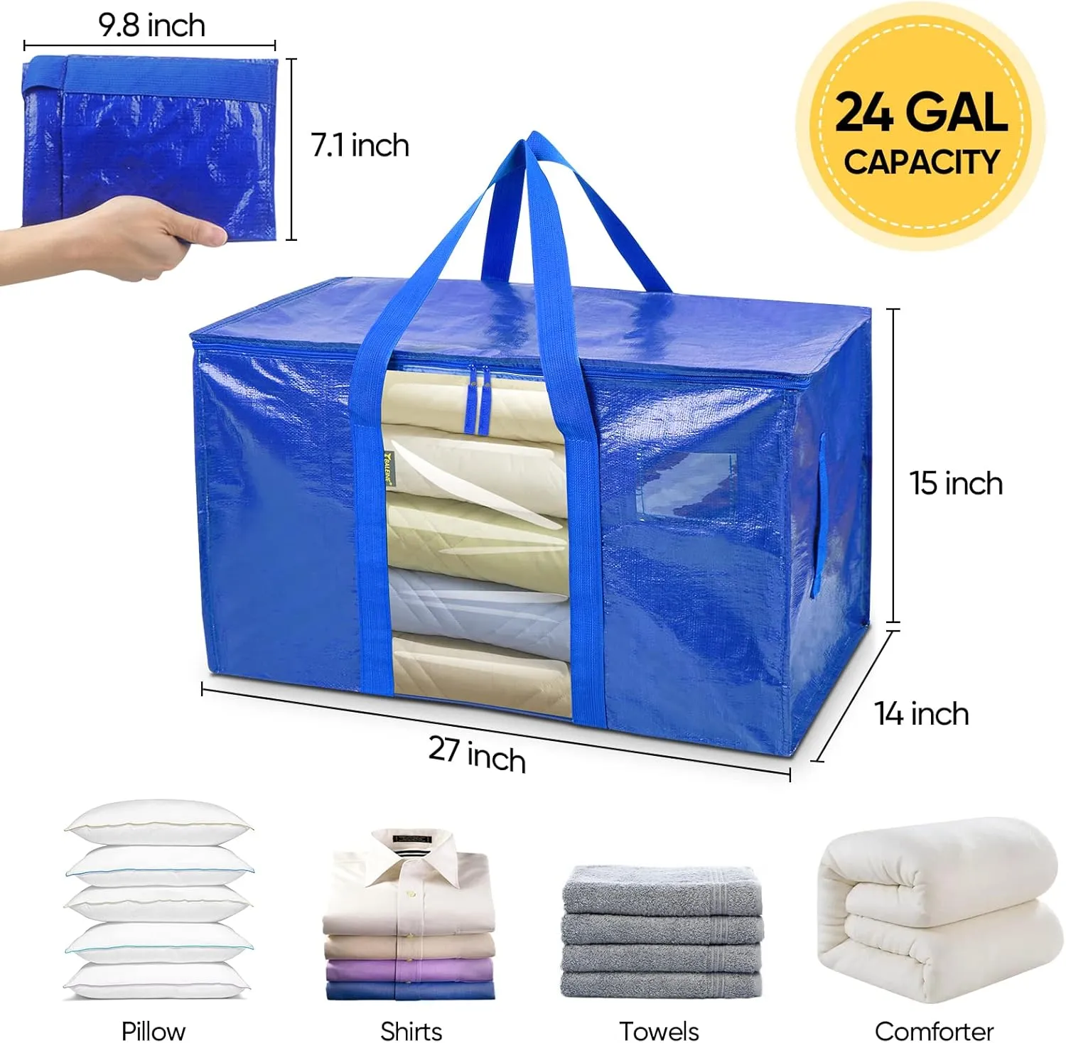 BALEINE 2-Pack Oversized Moving Bags with Reinforced Handles, Heavy-Duty Storage Tote Moving Supplies for Packaging, Camping (Blue w/Window, 2-Pack)