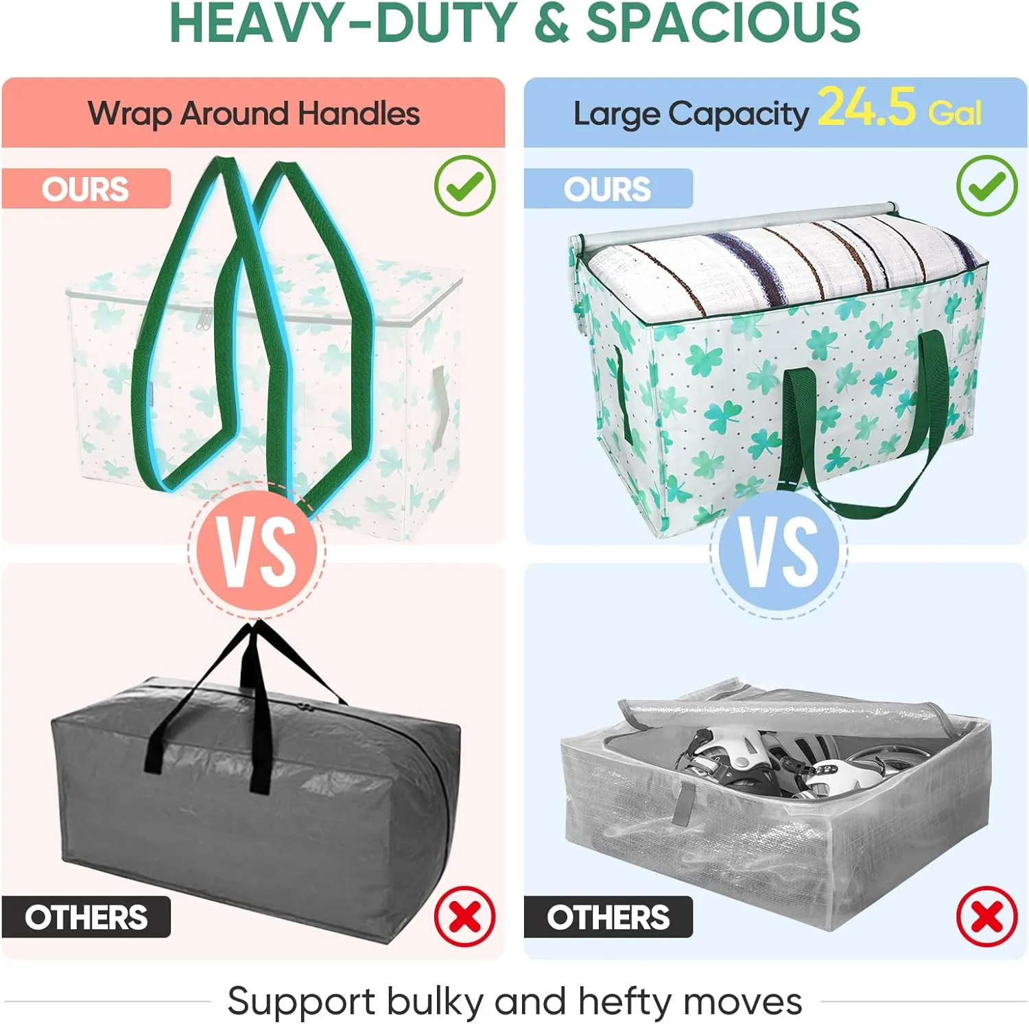 BALEINE 4-Pack Oversized Moving Bags with Reinforced Handles, Heavy-Duty Storage Tote for Clothes, Moving Supplies (Clover, 4-Pack)