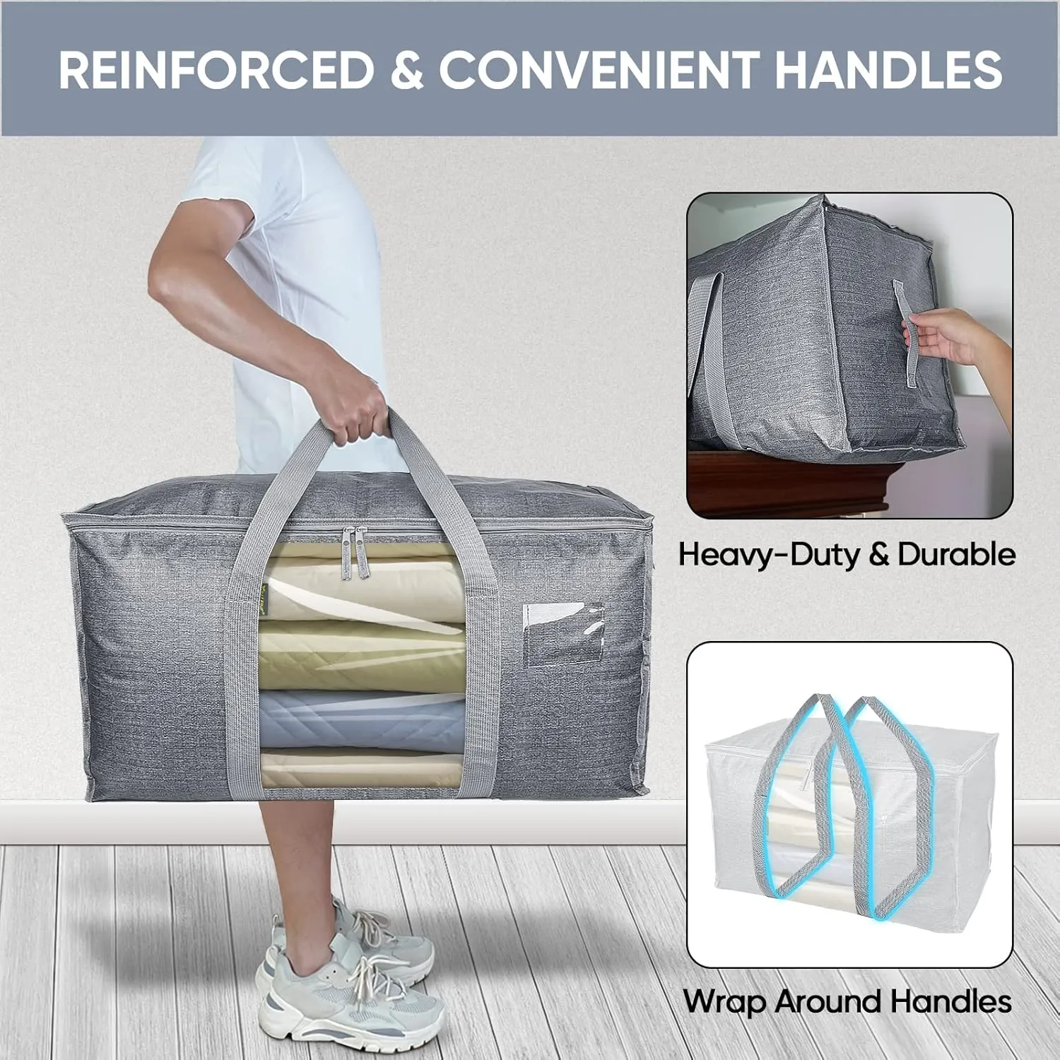 BALEINE 4-Pack Oversized Moving Bags with Reinforced Handles, Heavy-Duty Storage Tote for Clothes, Moving Supplies (Grey with Window, 4 Pack)
