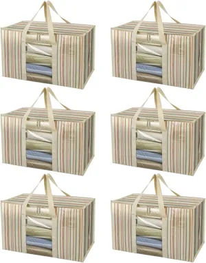 BALEINE 6-Pack Oversized Moving Bags with Reinforced Handles, Heavy-Duty Storage Tote for Clothes, Moving Supplies (Color Stripe with Window, 6-Pack)