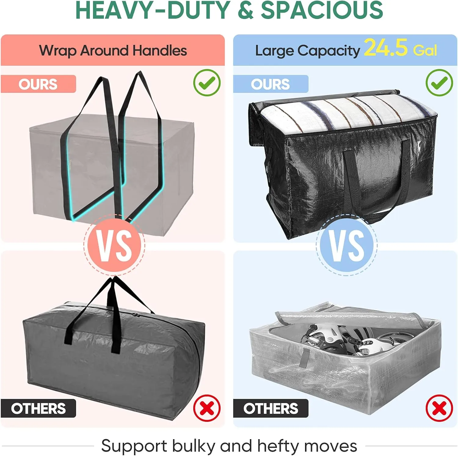 BALEINE 8-Pack Oversized Moving Bags with Reinforced Handles, Heavy-Duty Storage Tote for Clothes, Moving Supplies (Black, 8-Pack)
