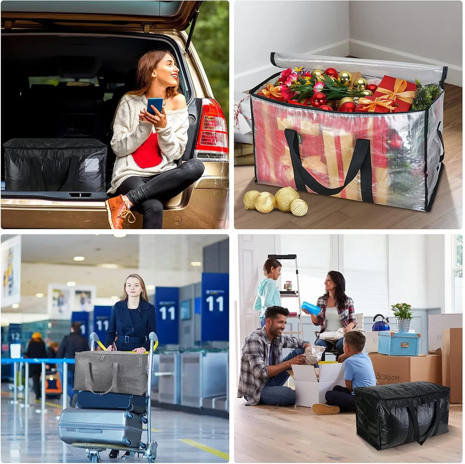 BALEINE 8-Pack Oversized Moving Bags with Reinforced Handles, Heavy-Duty Storage Tote for Clothes, Moving Supplies (Black, 8-Pack)