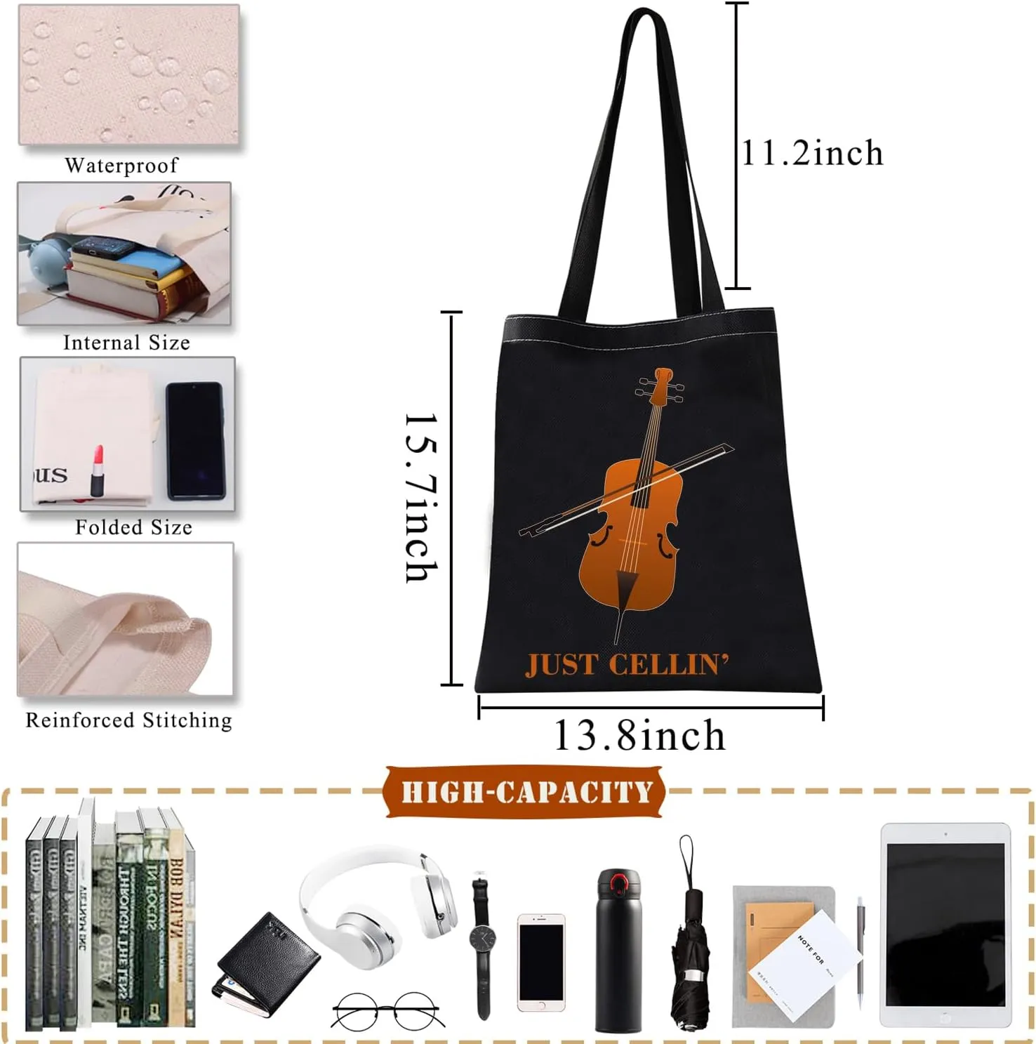 BDPWSS Cello Music Tote Bag 'Just Cellin' - Funny Cellist Orchestra Musician Reusable Handbag - Gift for Cello Player