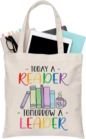 BDPWSS Reading Tote Bags For Women Bookworm Book Lover Canvas Handbag Today a Reader Tomorrow a Leader Bookish Gift