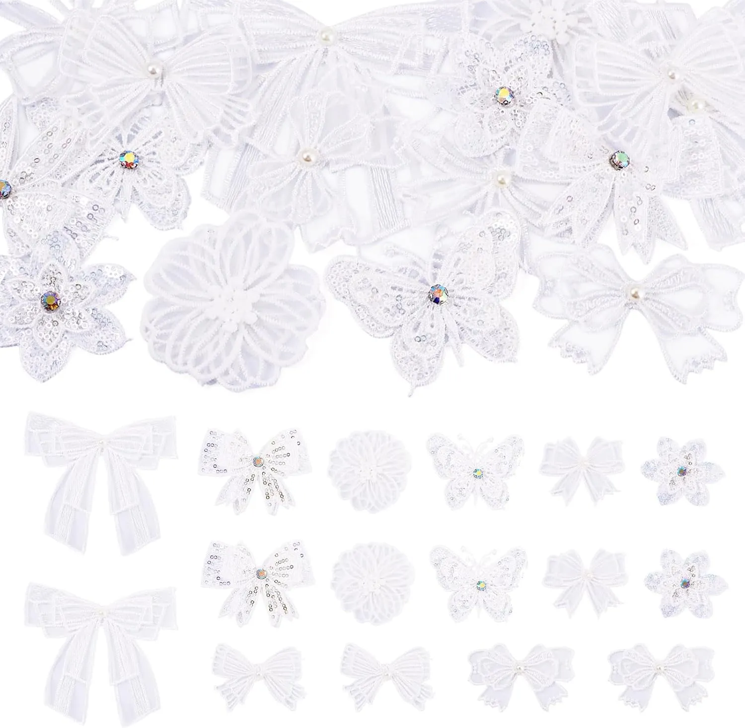 Beadthoven 16Pcs Embroidery Lace Flower Butterfly Bowknnot Patches Appliques White Lace Cute Sew on Patches Embroidered Appliques Patch Embellishment for Wedding Dress Clothes Bags DIY Sewing Crafts