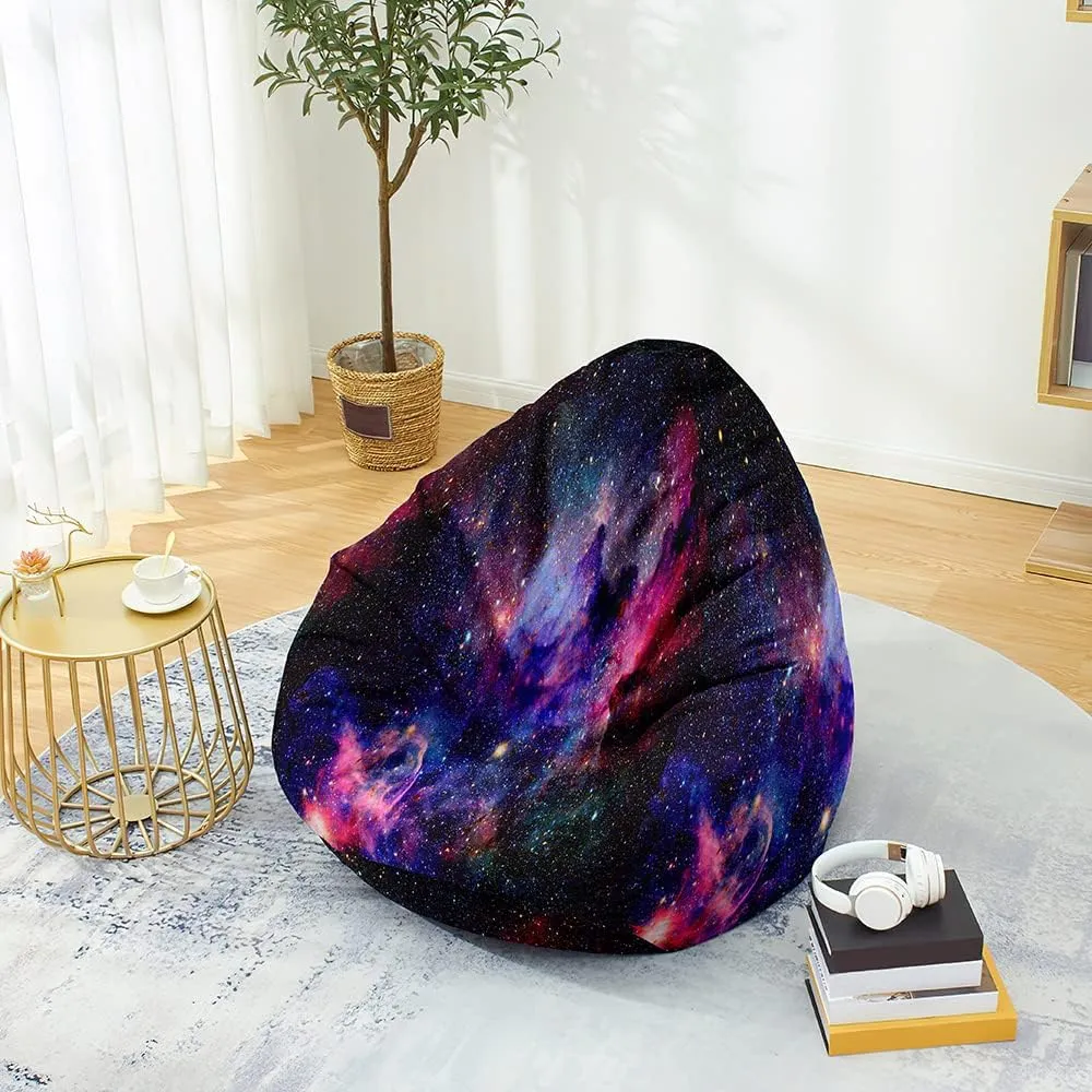 Bean Bag Chair for Kids Adults (No Filler), 3D Starry Sky Soft Lazy Sofa Bed Cover Washable Oversized Storage for Living Room, Indoor, Outdoor (Black Purple, L)