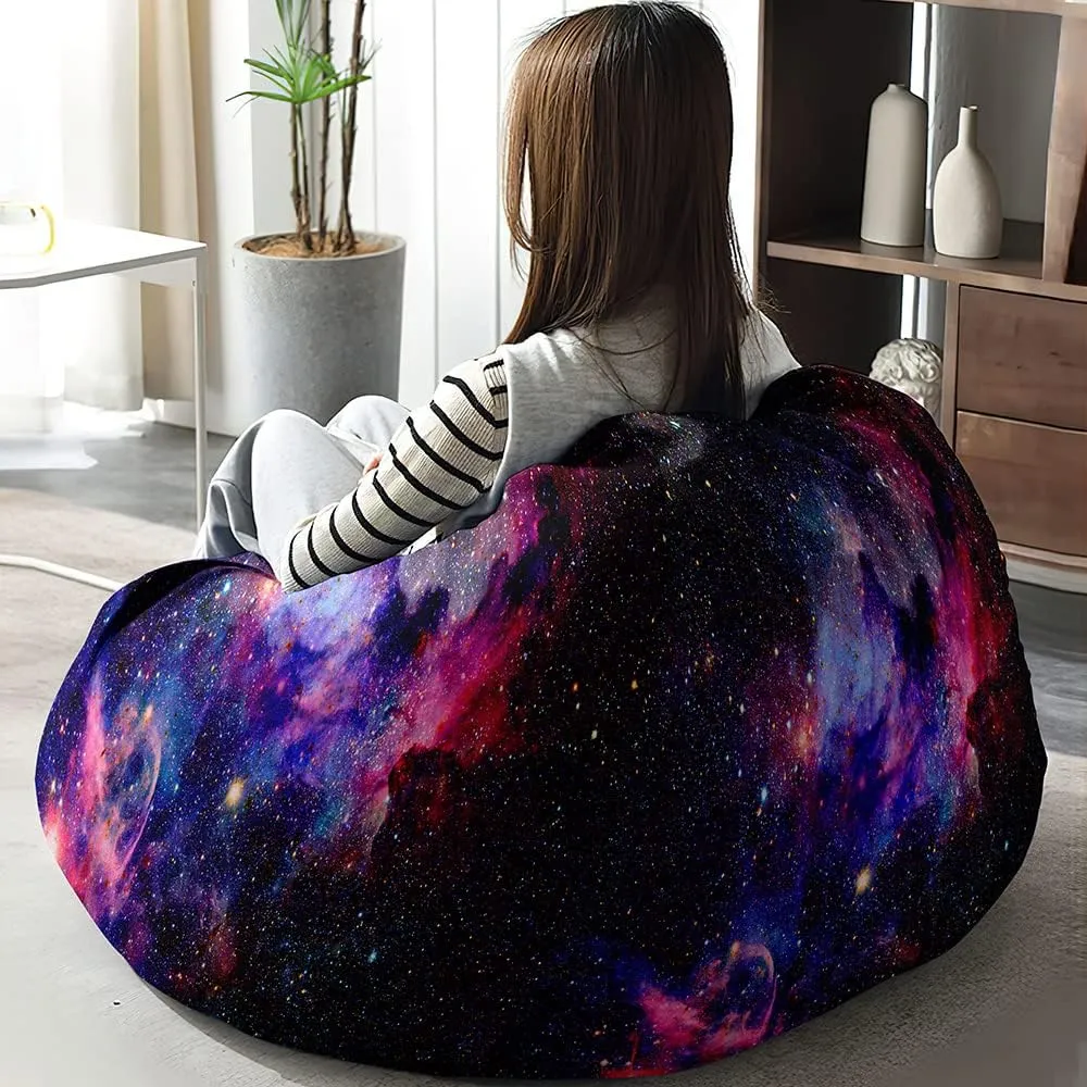 Bean Bag Chair for Kids Adults (No Filler), 3D Starry Sky Soft Lazy Sofa Bed Cover Washable Oversized Storage for Living Room, Indoor, Outdoor (Black Purple, L)