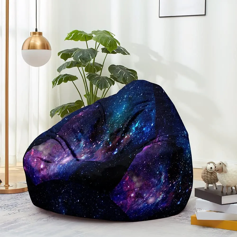 Bean Bag Chair for Kids Adults (No Filler), 3D Starry Sky Soft Lazy Sofa Bed Cover Washable Oversized Storage for Living Room, Indoor, Outdoor (Purple Black, L)