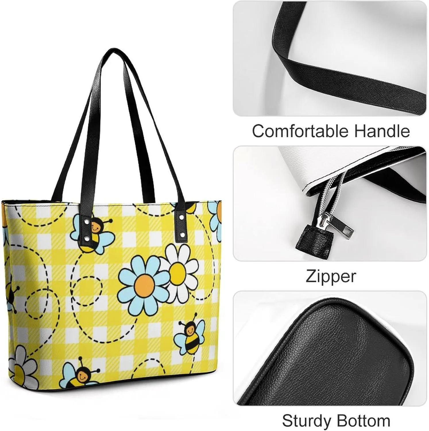 Bees Chamomiles Print Hobo Handbags With Zipper Large Capacity Satchel Tote Bag Shoulder Bag