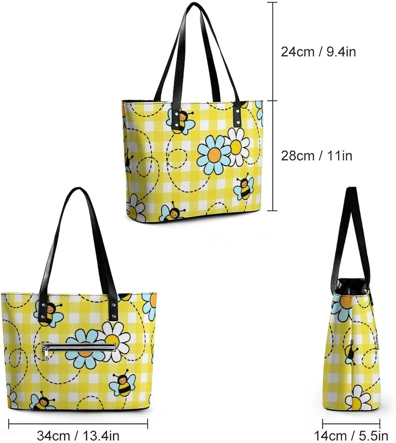 Bees Chamomiles Print Hobo Handbags With Zipper Large Capacity Satchel Tote Bag Shoulder Bag