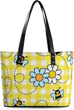Bees Chamomiles Print Hobo Handbags With Zipper Large Capacity Satchel Tote Bag Shoulder Bag