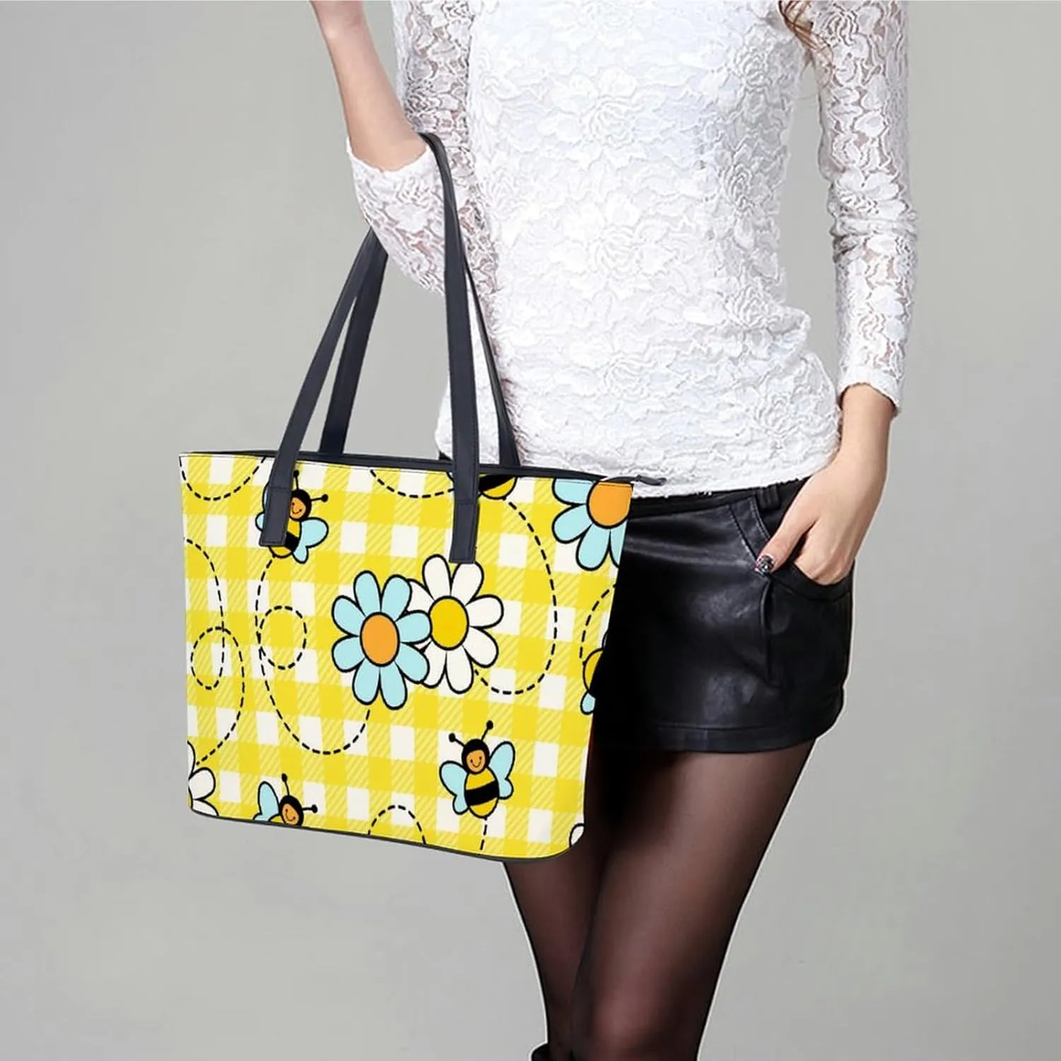 Bees Chamomiles Print Hobo Handbags With Zipper Large Capacity Satchel Tote Bag Shoulder Bag