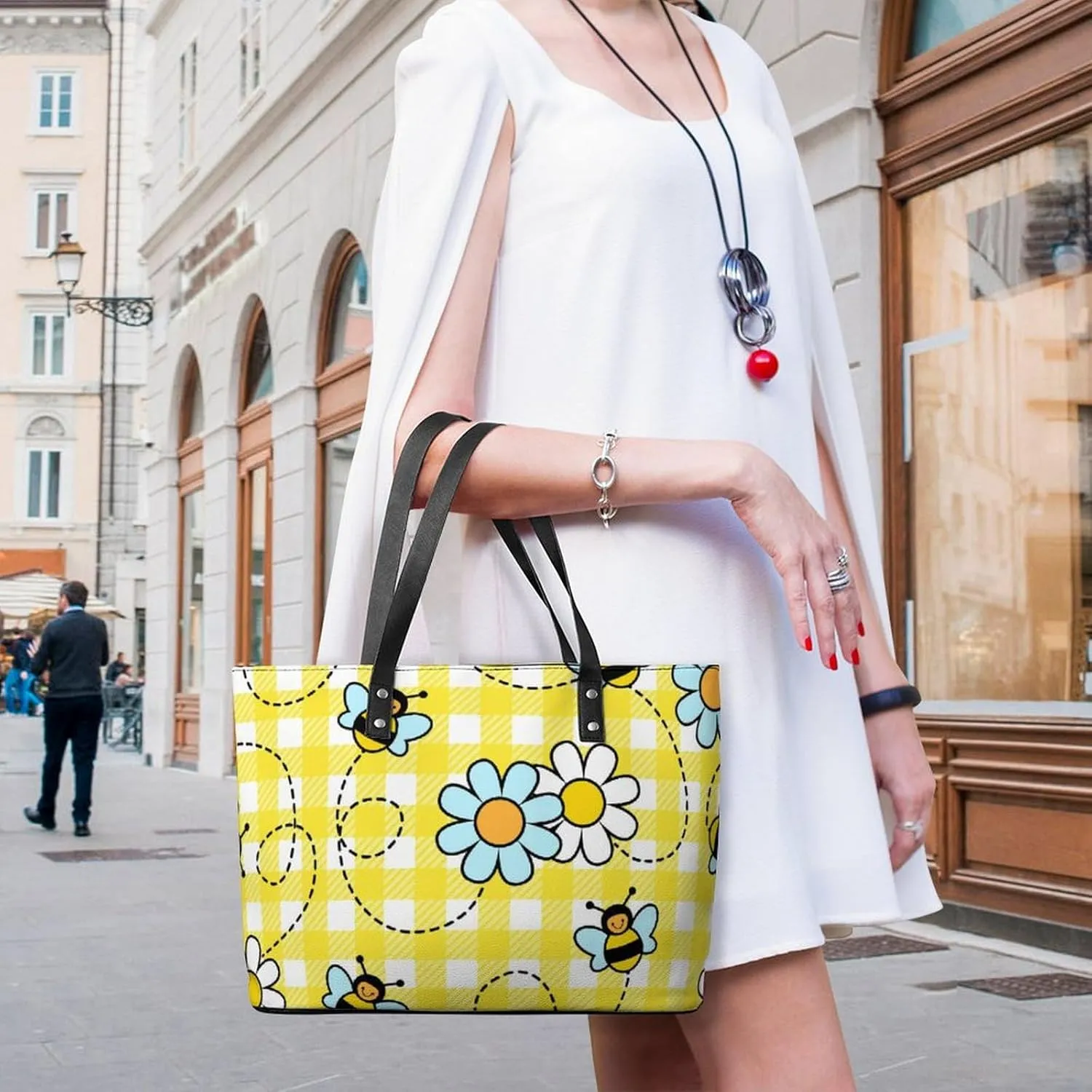 Bees Chamomiles Print Hobo Handbags With Zipper Large Capacity Satchel Tote Bag Shoulder Bag