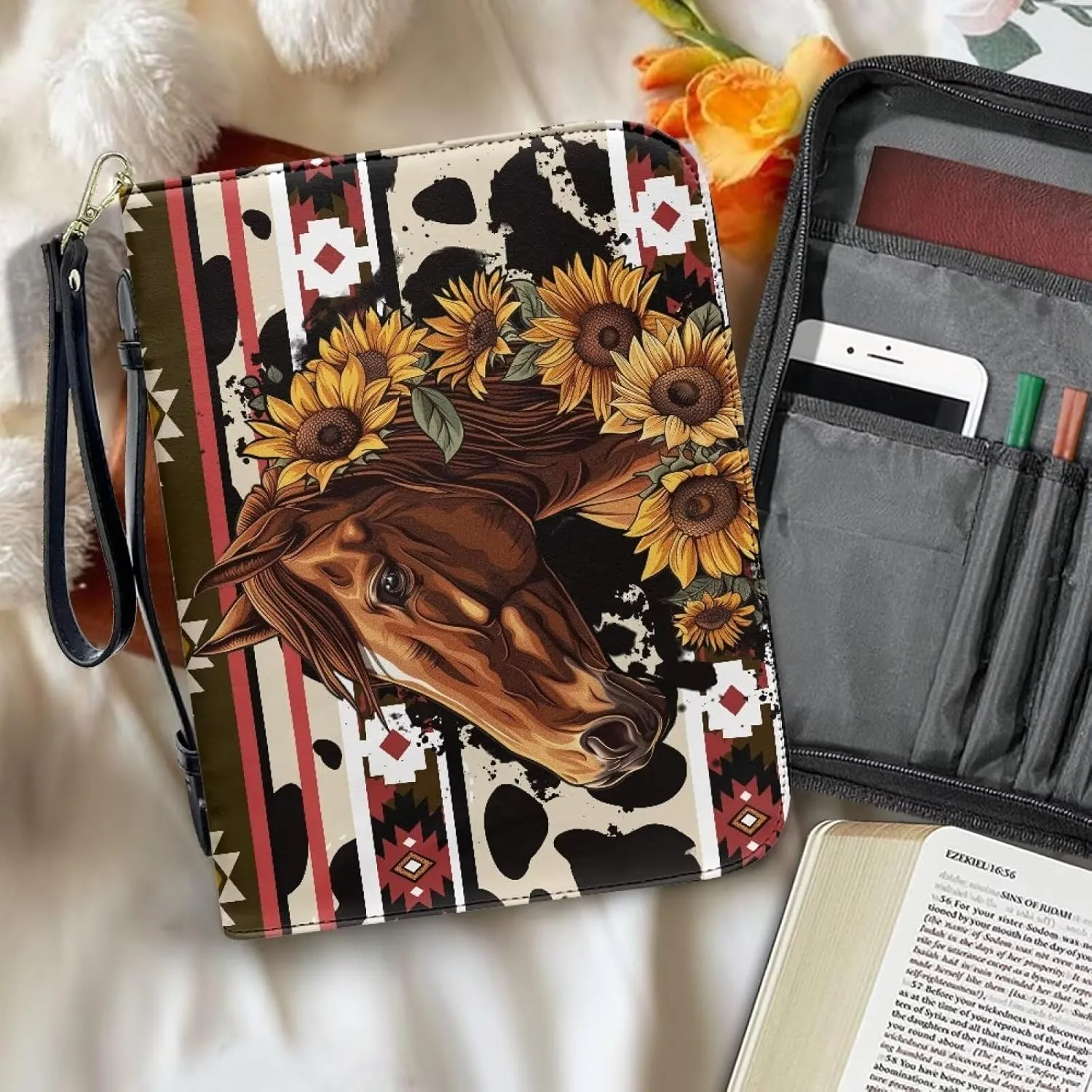Bible Cover for Women Leather Carrying Book Case Church Bag for Bible Accessories with Handle and Ribbon