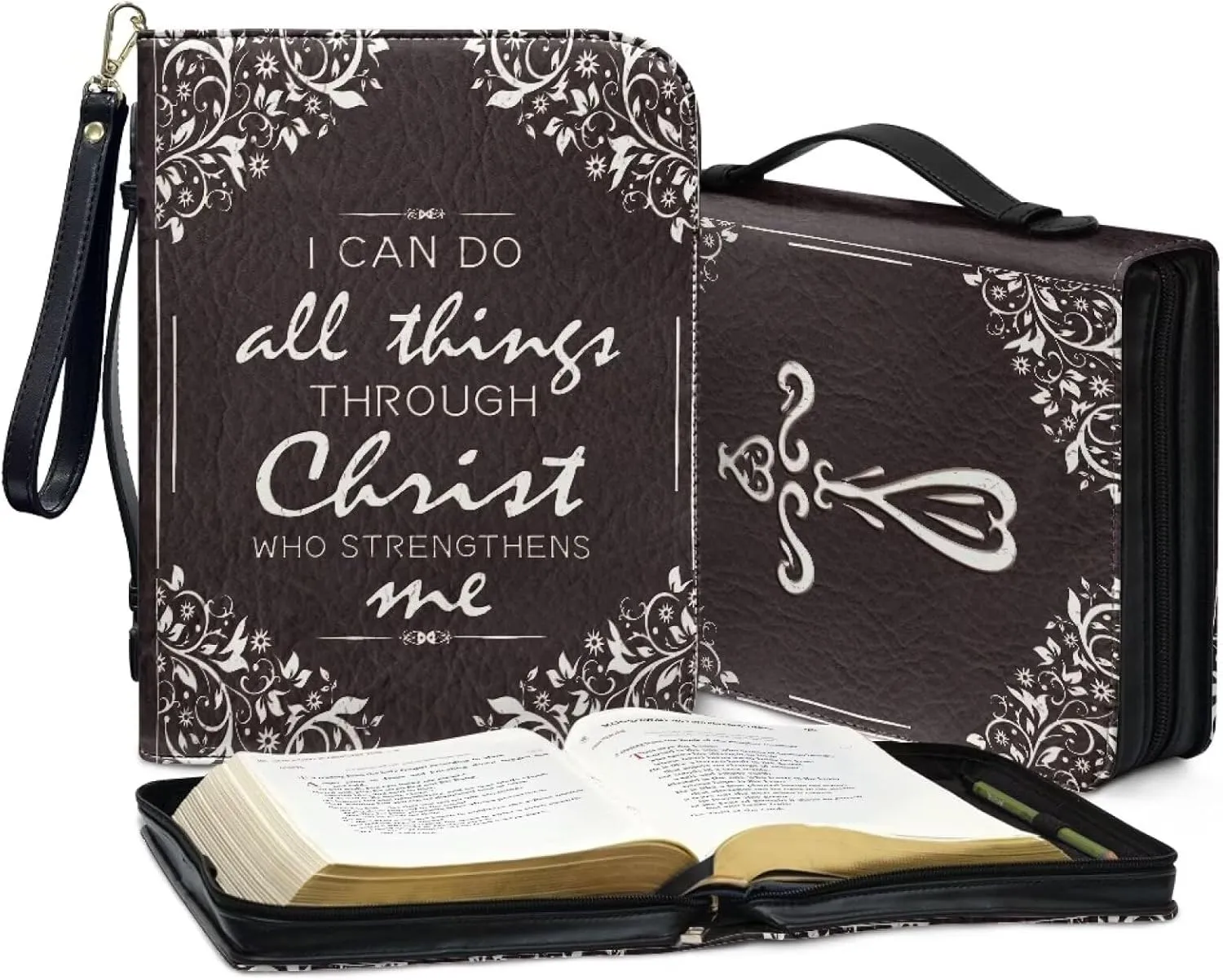 Bible Cover for Women Leather Carrying Book Case Church Bag for Bible Accessories with Handle and Ribbon