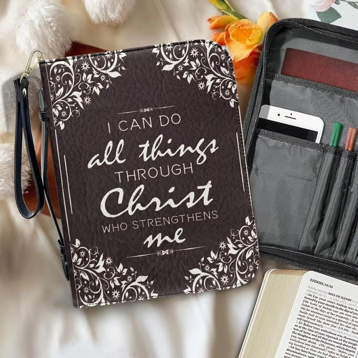 Bible Cover for Women Leather Carrying Book Case Church Bag for Bible Accessories with Handle and Ribbon