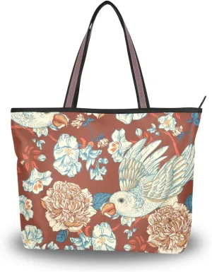 Bird and Flower Tote Bags for Women Purses and Ladies Work Handbags Large 2 Size Shoulder Bags with Zipper Pockets