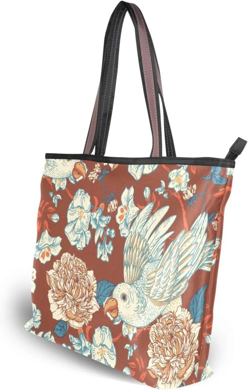 Bird and Flower Tote Bags for Women Purses and Ladies Work Handbags Large 2 Size Shoulder Bags with Zipper Pockets