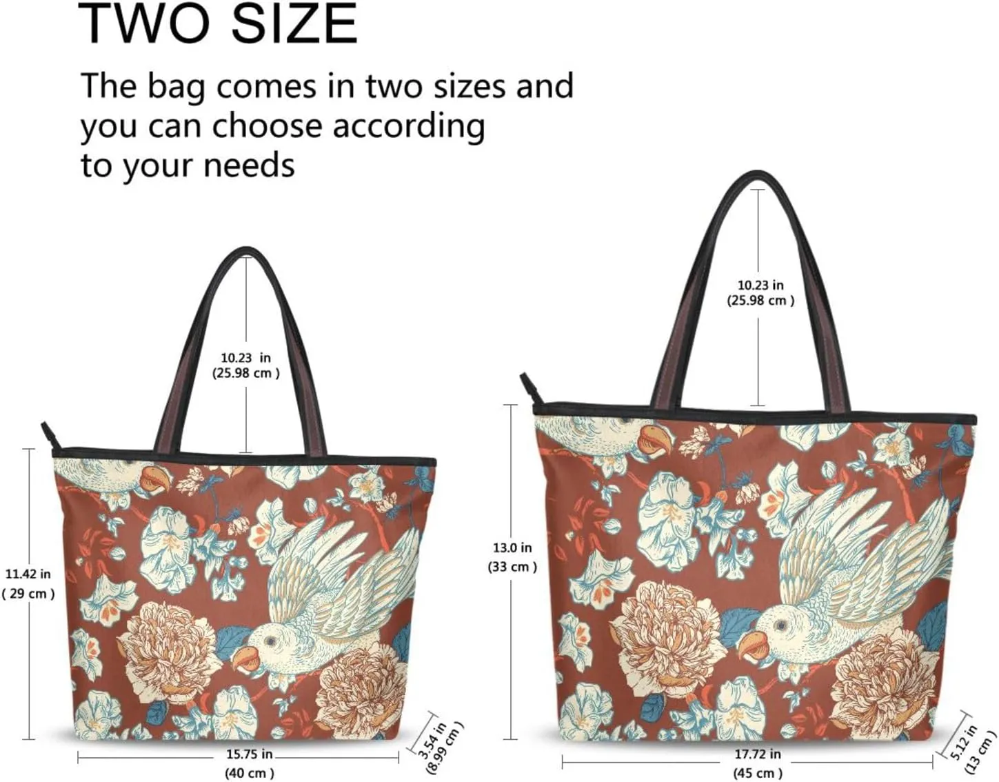Bird and Flower Tote Bags for Women Purses and Ladies Work Handbags Large 2 Size Shoulder Bags with Zipper Pockets