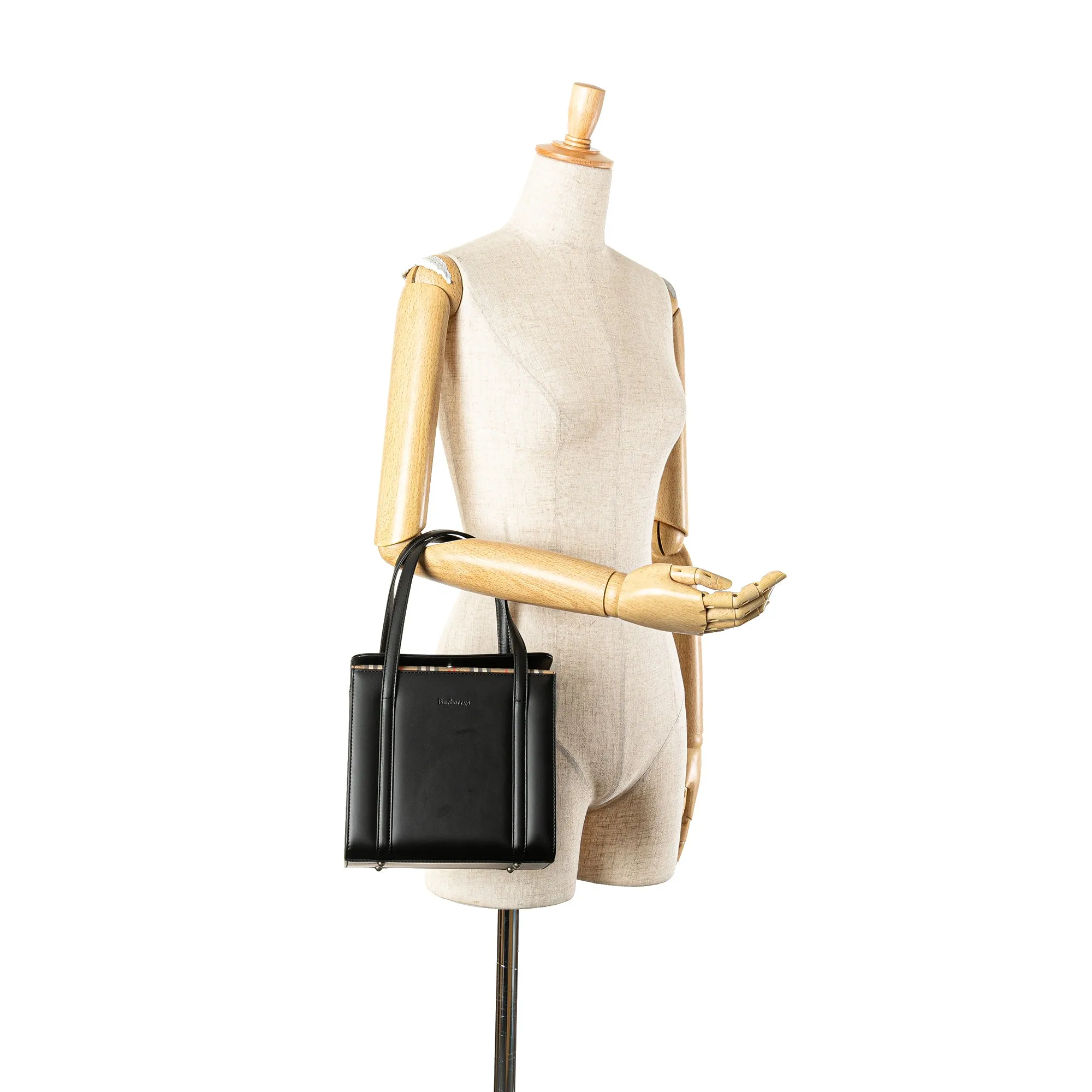Black Burberry House Check Canvas Trimmed Leather Handbag