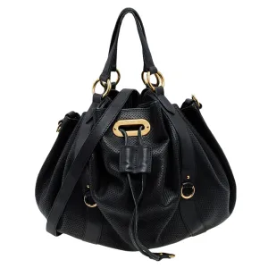 Black Perforated Leather Drawstring Hobo