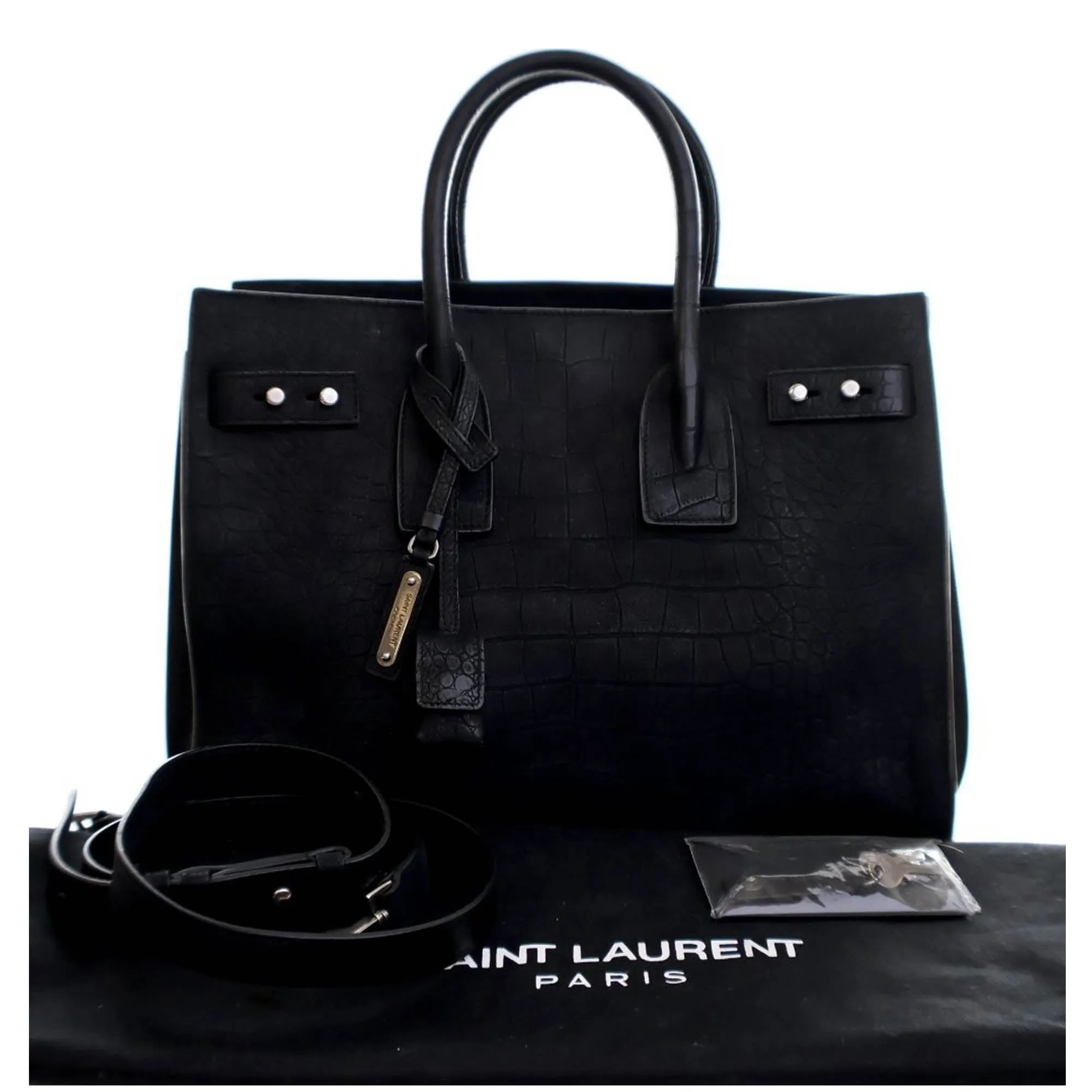 Black Saint Laurent Small Croc Embossed Suede Sac De Jour Satchel