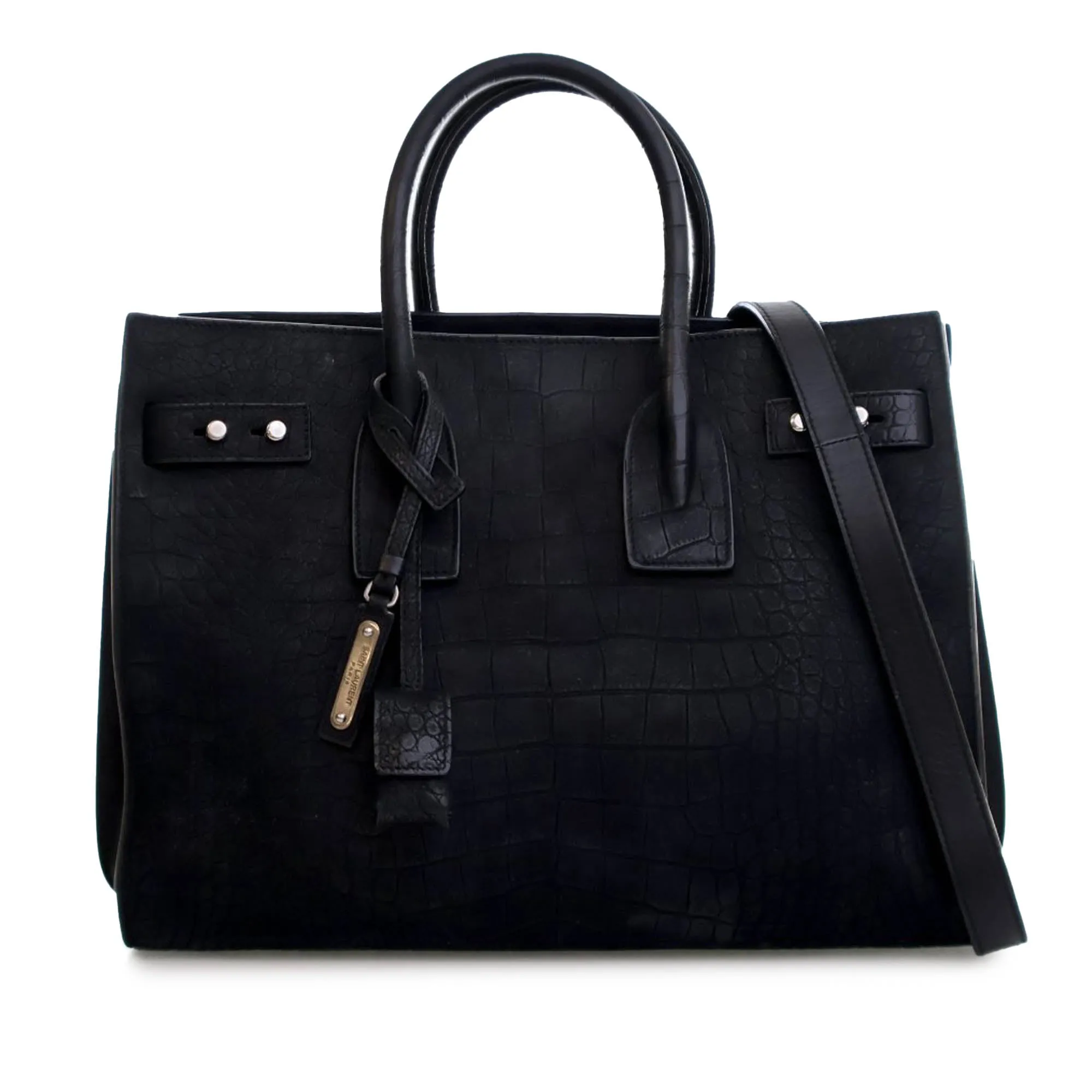 Black Saint Laurent Small Croc Embossed Suede Sac De Jour Satchel